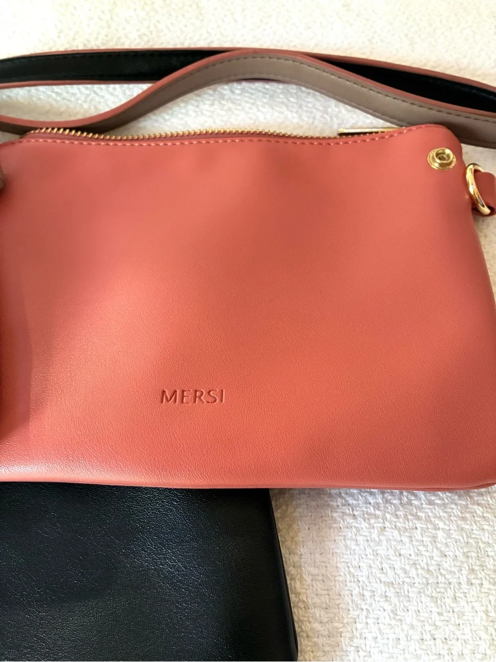 Three-Piece Vegan Leather Crossbody Set in Black, Coral & Taupe NWT